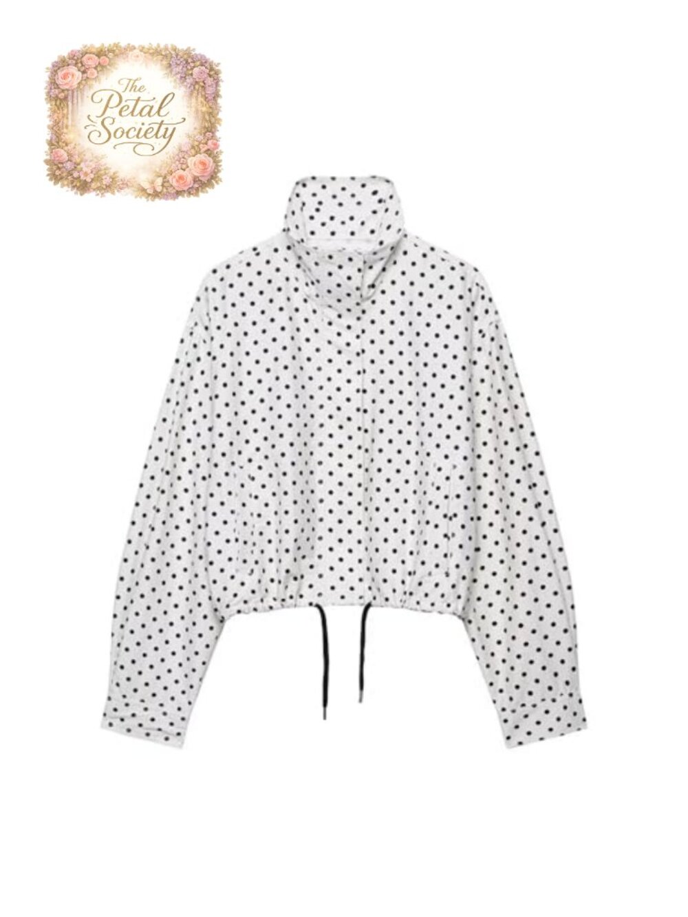 Women's Polka Dot Cropped Jacket High Neck Zip Drawstring Hem Casual Coat